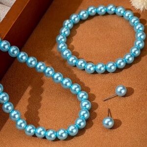 3PC - Piece Exquisite Sky Blue Faux Pearl Jewelry Set for Women